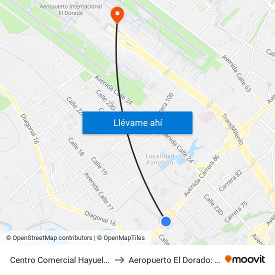 Centro Comercial Hayuelos (Av. C. De Cali - Cl 20) to Aeropuerto El Dorado: Terminal Internacional map