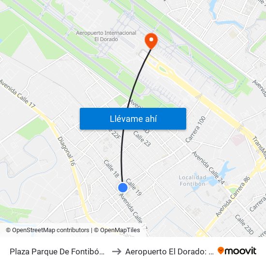 Plaza Parque De Fontibón Kr 100 (Kr 100 - Cl 17a) to Aeropuerto El Dorado: Terminal Internacional map