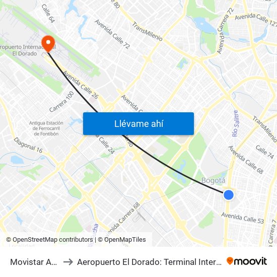 Movistar Arena to Aeropuerto El Dorado: Terminal Internacional map