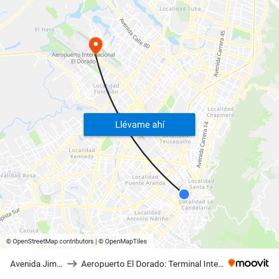 Avenida Jiménez to Aeropuerto El Dorado: Terminal Internacional map