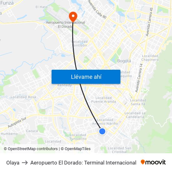 Olaya to Aeropuerto El Dorado: Terminal Internacional map