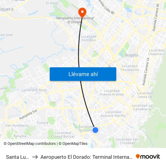 Santa Lucía to Aeropuerto El Dorado: Terminal Internacional map