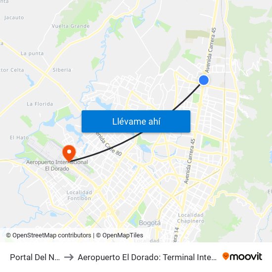 Portal Del Norte to Aeropuerto El Dorado: Terminal Internacional map