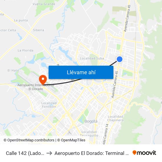 Calle 142 (Lado Norte) to Aeropuerto El Dorado: Terminal Internacional map