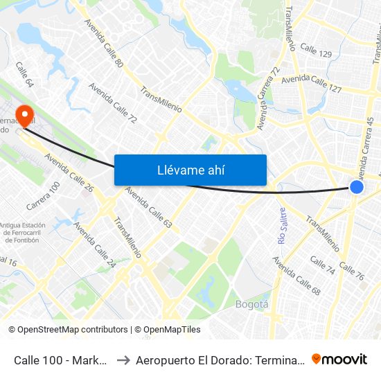 Calle 100 - Marketmedios to Aeropuerto El Dorado: Terminal Internacional map