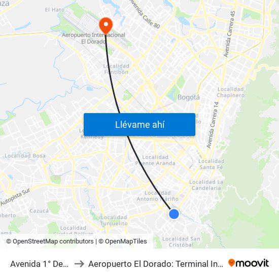 Avenida 1° De Mayo to Aeropuerto El Dorado: Terminal Internacional map
