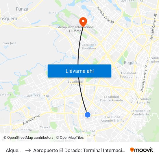 Alquería to Aeropuerto El Dorado: Terminal Internacional map