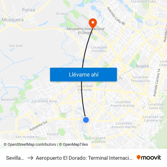Sevillana to Aeropuerto El Dorado: Terminal Internacional map