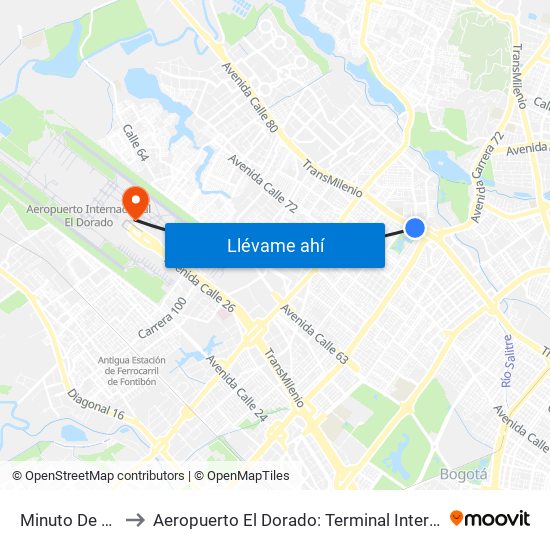 Minuto De Dios to Aeropuerto El Dorado: Terminal Internacional map