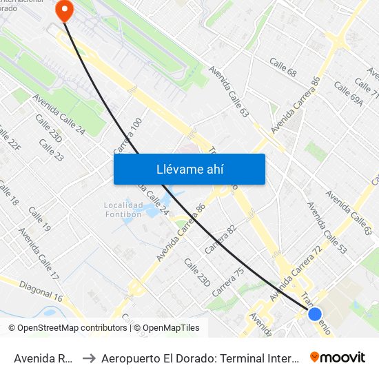 Avenida Rojas to Aeropuerto El Dorado: Terminal Internacional map