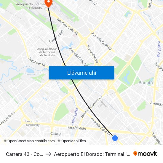 Carrera 43 - Comapan to Aeropuerto El Dorado: Terminal Internacional map