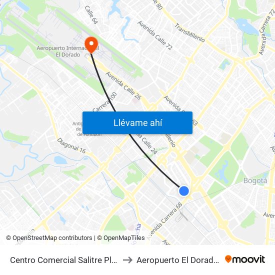 Centro Comercial Salitre Plaza (Av. La Esperanza - Kr 68a) to Aeropuerto El Dorado: Terminal Internacional map