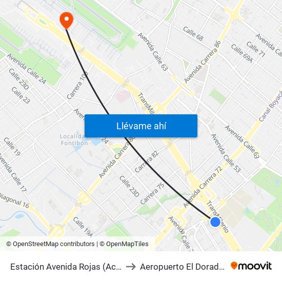 Estación Avenida Rojas (Ac 26 - Kr 69d Bis) (B) to Aeropuerto El Dorado: Puente Aéreo map