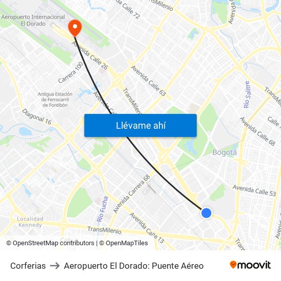 Corferias to Aeropuerto El Dorado: Puente Aéreo map