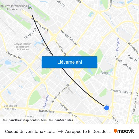 Ciudad Universitaria - Lotería De Bogotá to Aeropuerto El Dorado: Puente Aéreo map