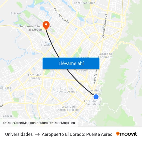 Universidades to Aeropuerto El Dorado: Puente Aéreo map