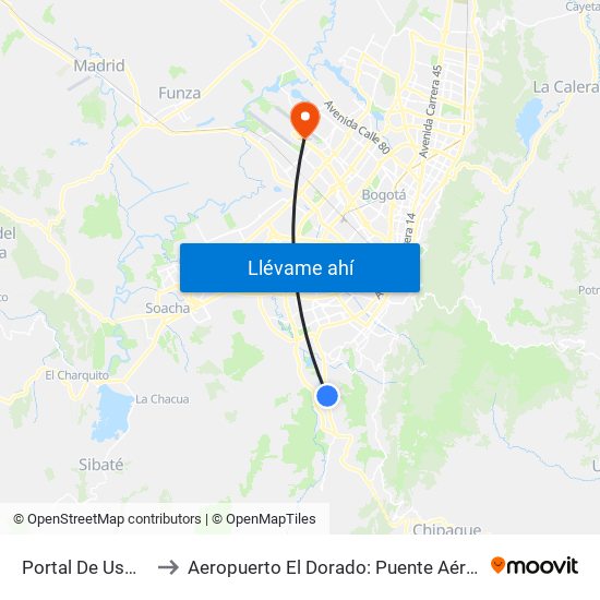 Portal De Usme to Aeropuerto El Dorado: Puente Aéreo map