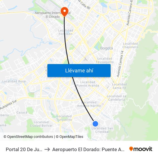 Portal 20 De Julio to Aeropuerto El Dorado: Puente Aéreo map