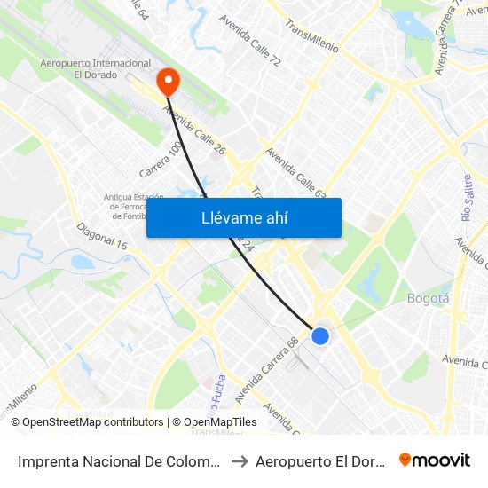 Imprenta Nacional De Colombia (Av. Esperanza - Kr 66) to Aeropuerto El Dorado: Puente Aéreo map