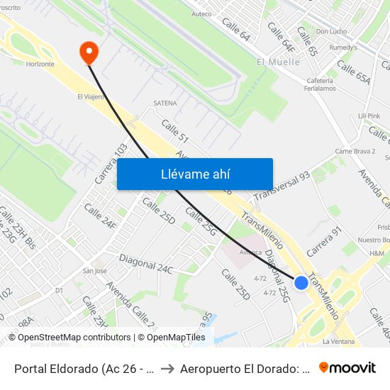 Portal Eldorado (Ac 26 - Av. C. De Cali) to Aeropuerto El Dorado: Puente Aéreo map