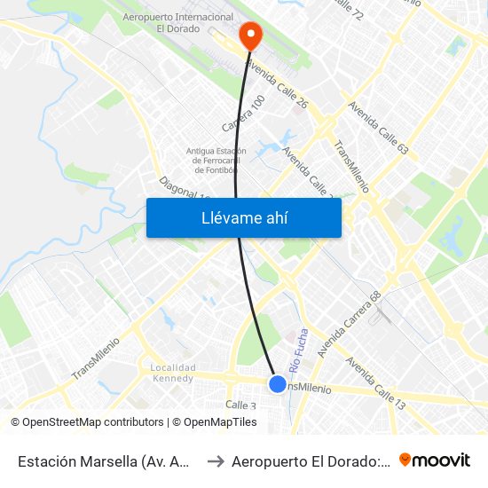 Estación Marsella (Av. Américas - Kr 69b) to Aeropuerto El Dorado: Puente Aéreo map