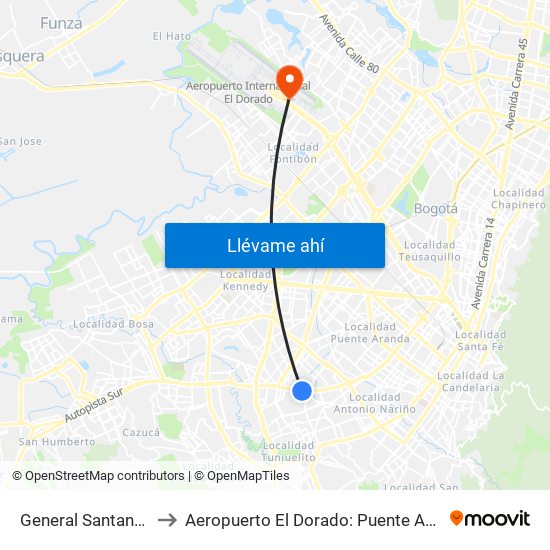 General Santander to Aeropuerto El Dorado: Puente Aéreo map