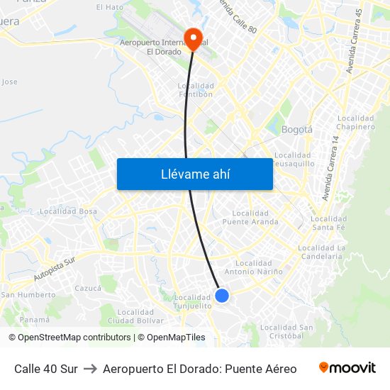 Calle 40 Sur to Aeropuerto El Dorado: Puente Aéreo map