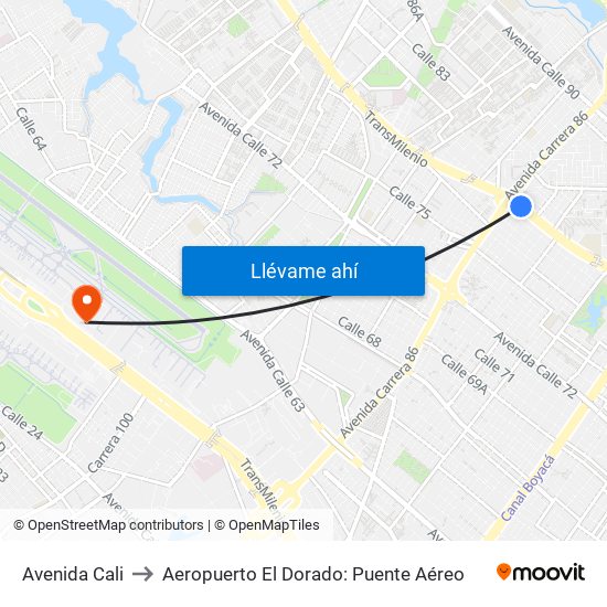 Avenida Cali to Aeropuerto El Dorado: Puente Aéreo map