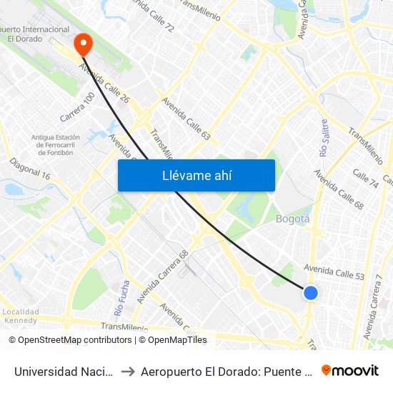 Universidad Nacional to Aeropuerto El Dorado: Puente Aéreo map