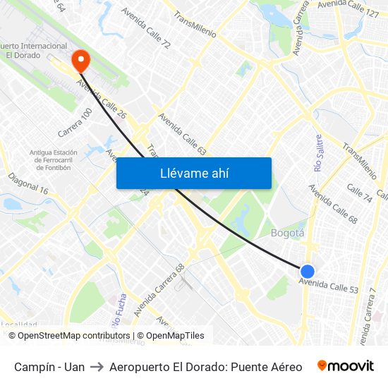 Campín - Uan to Aeropuerto El Dorado: Puente Aéreo map