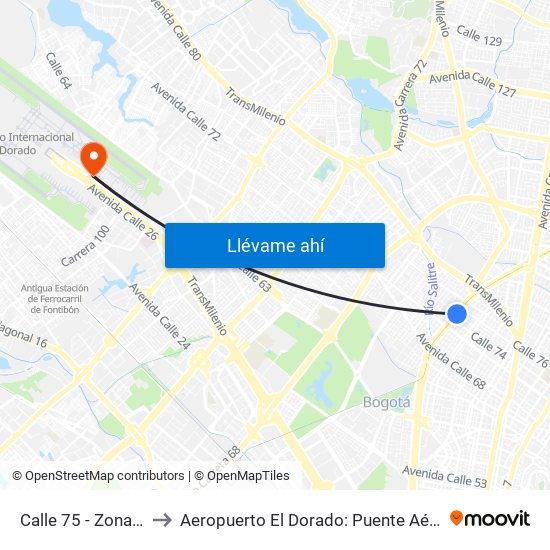Calle 75 - Zona M to Aeropuerto El Dorado: Puente Aéreo map