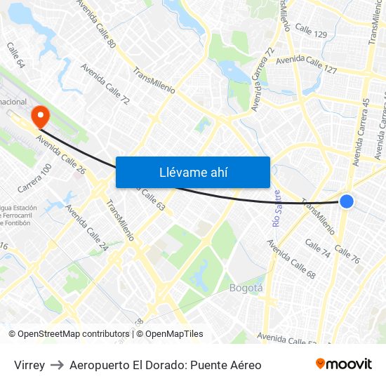 Virrey to Aeropuerto El Dorado: Puente Aéreo map