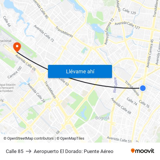 Calle 85 to Aeropuerto El Dorado: Puente Aéreo map