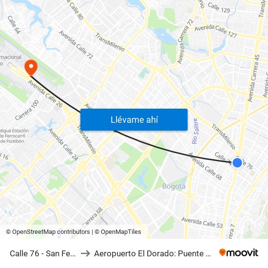 Calle 76 - San Felipe to Aeropuerto El Dorado: Puente Aéreo map