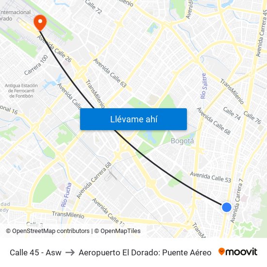 Calle 45 - Asw to Aeropuerto El Dorado: Puente Aéreo map