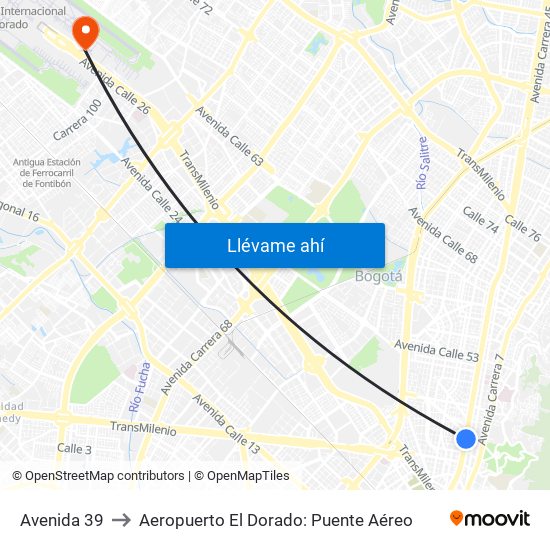 Avenida 39 to Aeropuerto El Dorado: Puente Aéreo map