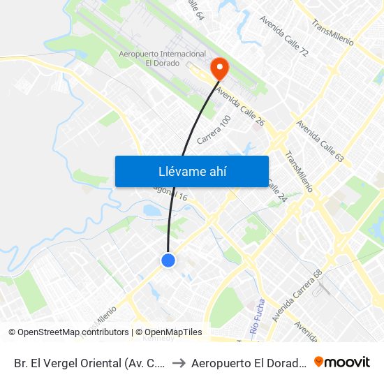 Br. El Vergel Oriental (Av. C. De Cali - Cl 10b) (A) to Aeropuerto El Dorado: Puente Aéreo map