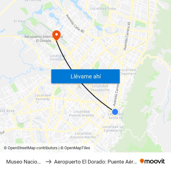 Museo Nacional to Aeropuerto El Dorado: Puente Aéreo map