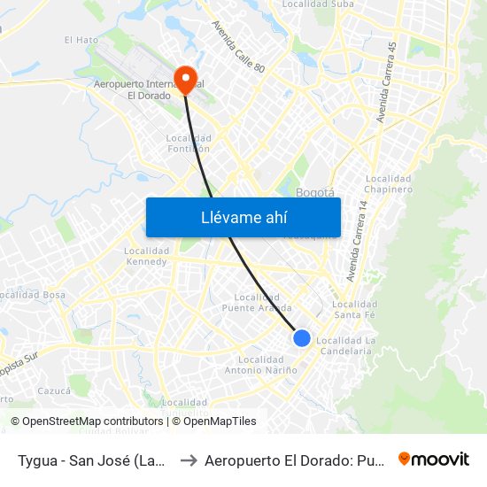 Tygua - San José (Lado Norte) to Aeropuerto El Dorado: Puente Aéreo map