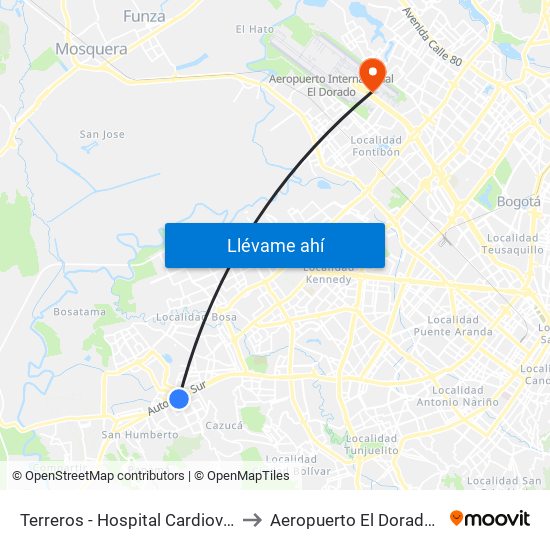 Terreros - Hospital Cardiovascular (Lado Sur) to Aeropuerto El Dorado: Puente Aéreo map