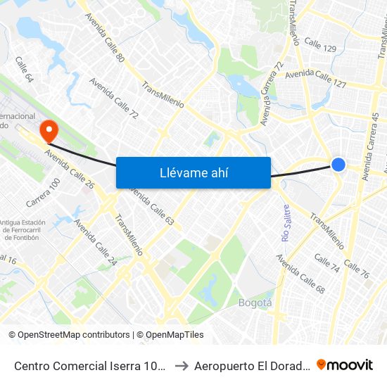 Centro Comercial Iserra 100 (Ac 100 - Kr 54) (B) to Aeropuerto El Dorado: Puente Aéreo map