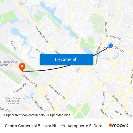 Centro Comercial Bulevar Niza (Ac 127 - Av. Suba) to Aeropuerto El Dorado: Puente Aéreo map