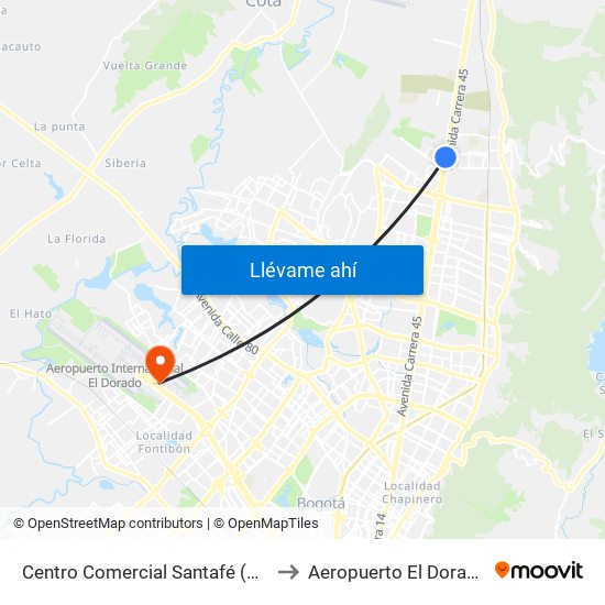 Centro Comercial Santafé (Auto Norte - Cl 187) (B) to Aeropuerto El Dorado: Puente Aéreo map