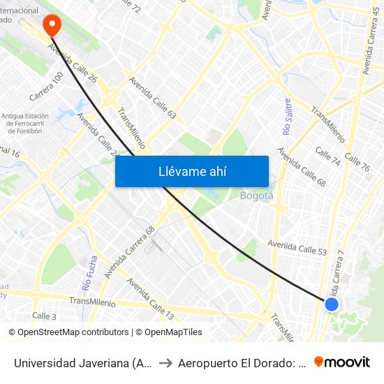 Universidad Javeriana (Ak 7 - Cl 40) (B) to Aeropuerto El Dorado: Puente Aéreo map