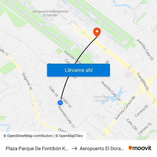 Plaza Parque De Fontibón Kr 100 (Kr 100 - Cl 17a) to Aeropuerto El Dorado: Puente Aéreo map