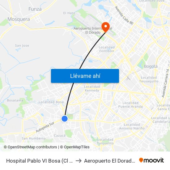 Hospital Pablo VI Bosa (Cl 63 Sur - Kr 77g) (A) to Aeropuerto El Dorado: Puente Aéreo map