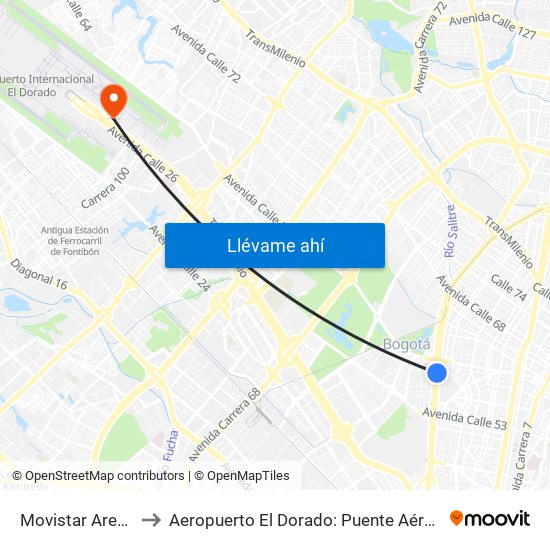 Movistar Arena to Aeropuerto El Dorado: Puente Aéreo map