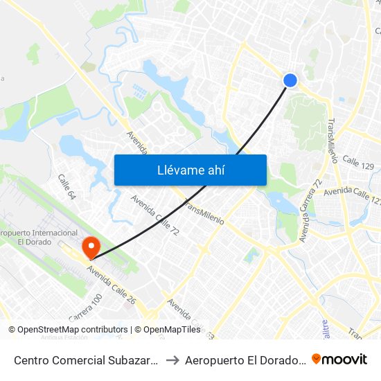 Centro Comercial Subazar (Av. Suba - Kr 91) to Aeropuerto El Dorado: Puente Aéreo map