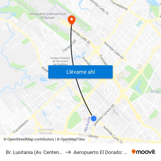 Br. Lusitania (Av. Centenario - Kr 68b) to Aeropuerto El Dorado: Puente Aéreo map