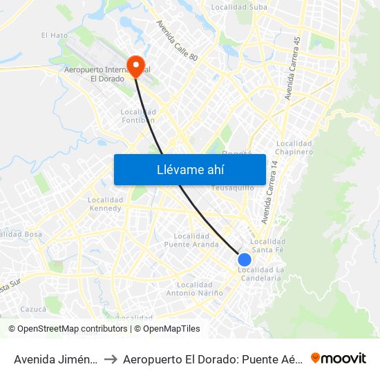 Avenida Jiménez to Aeropuerto El Dorado: Puente Aéreo map